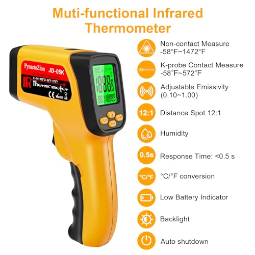 Infrared Thermometer Gun, Dual-Mode with Non-Contact IR & K-Type Thermocouple Probe Meature, -58°F to 1472°F High Accuracy Laser Temperature Gun with Emissivity, Humidity, for Cooking, Industrial Use