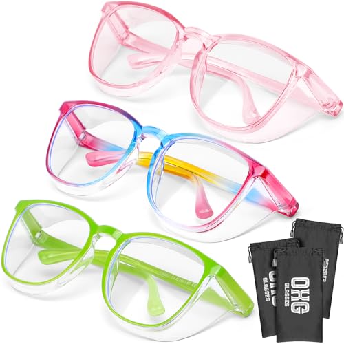 OXG 3 Pack Stylish Safety Glasses, ANSI Z87+ Anti Fog Safety Goggles Blue Light Blocking Protective Eyewear for Nurses - color: Rianbow+pink+apple Green
