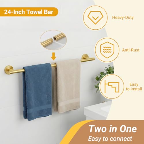 5 Piece Brushed Gold Bathroom Hardware Set, 24 Inch Bathroom Hardware Set Towel Racks for Bathroom, SUS304 Stainless Steel Wall Mounted Bath Towel Bar Set - color: E-24 Brushed Gold