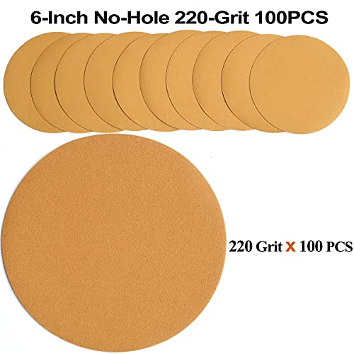 6-Inch No-Hole Hook and Loop Gold Sanding Discs 220-Grit, 100-Pack - size: 220 Grit