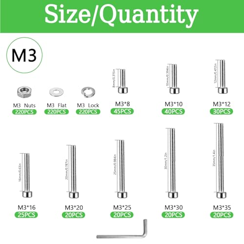 880Pcs M3 Screws Assortment, Hex Socket Head Cap Screw Bolts Nuts Washer Kit, Stainless Steel,8-Sizes M3x8/10/12/16/20/25/30/35mm Screws for 3D Printer DIY - size: M3 x 8/10/12/16/20/25/30/35-880Pcs