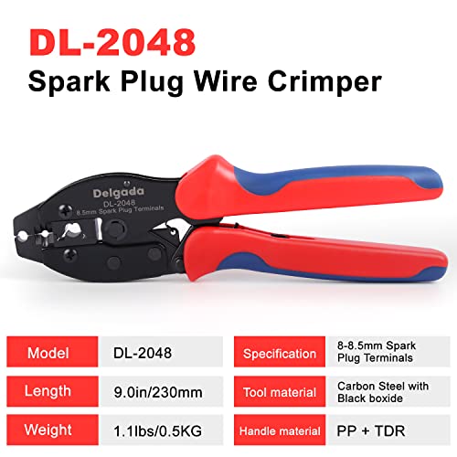 Delgada Spark Plug Wire Crimper Pliers, Ratchet Spark Plug Crimping Tool, for Crimping and Stripping Ignition Wire, Diameter 8.0-8.5mm, DL-2048