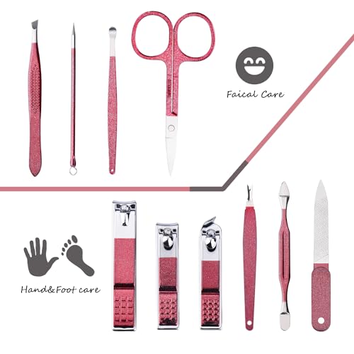 HANTEKAS Manicure Set 10 in 1 Stainless Steel, Nail Clippers Scissors Pedicure Tools Kit - Portable Travel Grooming Kit for Men and Women with Leather Case (Rose Red) - color: Rose Red