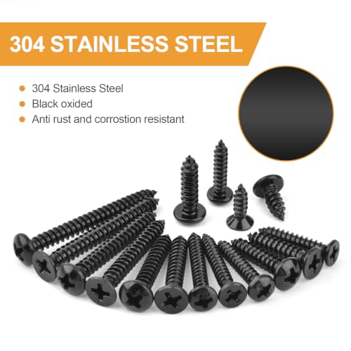 VIGRUE 425PCS #6#8 Black Wood Screw Set, Black Oxide 304 Stainless Steel Phillips Pan and Flat Head Self Tapping Screws Assortment Kit, Length 1/2" to 1-1/2" - style: 425PCS #6#8 Pan Head & Flat Head