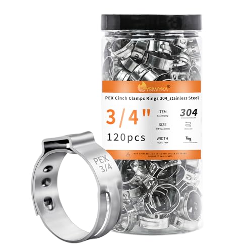 120pcs 3/4 inch PEX Cinch Clamps Rings, 304 Stainless Steel Pex Crimp Rings, Heavy Duty Thickened Single Ear Hose Clamps for PEX Tubing Pipe Fitting Connections - color: 120 Pcs, size: 3/4 inch