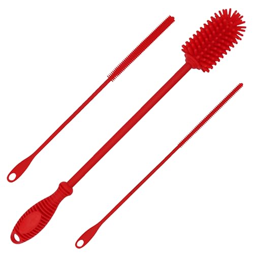 Kitchiny Silicone Bottle Brush 12.5 inch with 2 Straw Cleaners – Red | Bottle Cleaner Brush for Yeti, Hydro Flask, Owala, Stanley, Baby Bottles, Vases & Narrow Neck Containers - color: Red