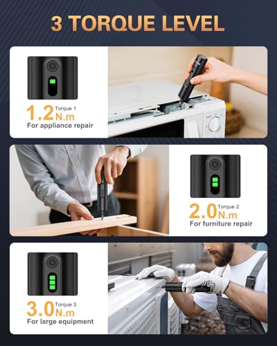 Bomivoi Electric Screwdriver, Rechargeable Cordless Power Screwdriver, 3 Torque Settings, Max 5 N.m, 1/4'' 6 Double-Ended Bits, 1500mAh Battery, LED Lights, Repair Tool for DIY Furniture Electronics