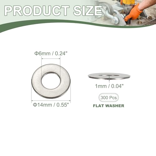 Flat Washers, 304 Stainless Steel Hardware Assorted Washer, 14 x 6 x 1 mm Fit for Bolts Screws Industrial Use (300 Pack, Silver) - size: 14 x 6 x 1 mm