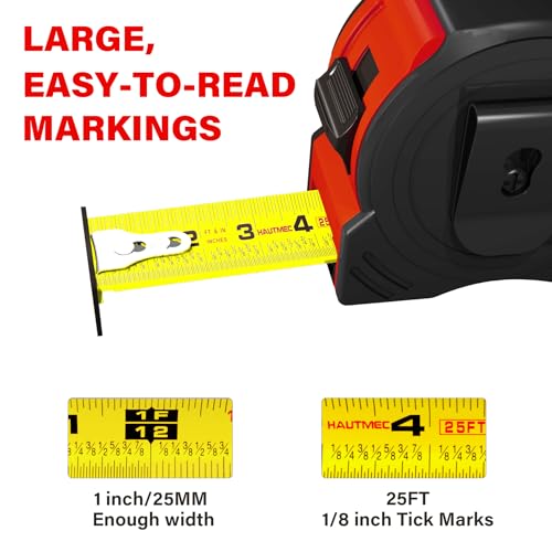 HAUTMEC 25 Ft Heavy Duty Tape Measure with Fractions & Magnetic Hook, 6-Pack Professional Retractable Measuring Tape for Construction, Carpentry, Contractors, Workshop & DIY 25001
