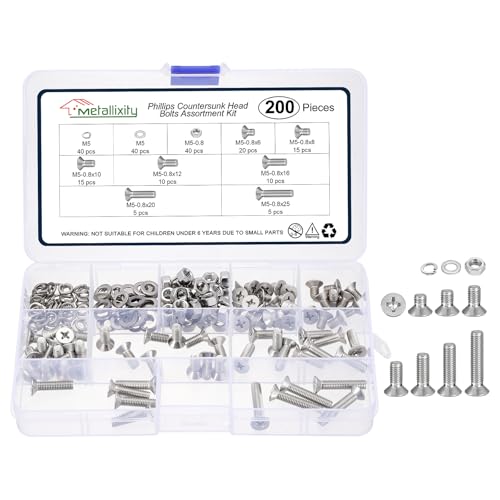 METALLIXITY M5-0.8 200Pcs Countersunk Machine Bolt W/Nut&Washer Set | 304 Stainless Steel,Phillip Flat Head Machine Screw with Hex Nut Flat Washer Spring Washer Kit,For Installment DIY - size: M5-0.8