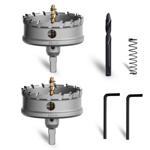 Metal Hole Saw 3-1/2''(89mm) 2Pcs Set Heavy Duty Tungsten Carbide Tipped Hole Cutters Set with a nitrided Step Drill and L-flench, for Steel Iron,Aluminum,Stainless stell,Plastic - size: 3-1/2''(89mm)-2PCS