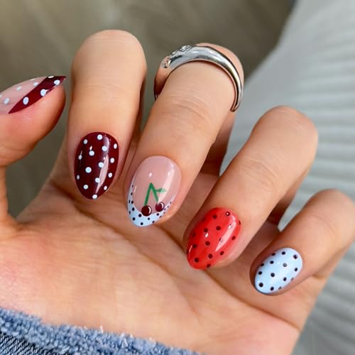 CurvLife Extra Short Almond Press On Nails, Sweet Charm Dots, Soft Gel - color: C5 - Cherry Dots
