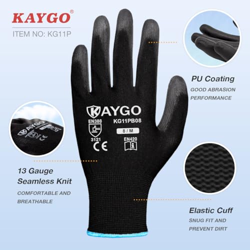 KAYGO Safety Work Gloves for Men Women, PU Coated Palm & Fingers, KG11P - color: Black, size: Small