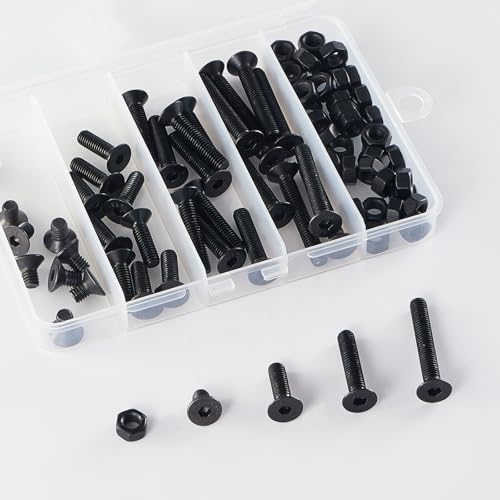 M6 x 10mm 20mm 30mm 40mm, Flat Head Hex Socket Cap Screws Bolts, Countersunk Bolts and Nuts, 10.9 Grade Alloy Steel, Black Oxide, Metric Allen Drive, Fully Thread, Assortment Kit 80PCS - size: M6x10-40mm+Nuts