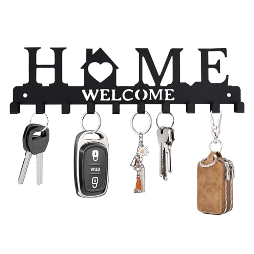 Key Holder Wall Mount, Adhesive Key Hanger with 12 Hooks, Black | Metal Material, 2 Mount Options, Compact Design, Cute Wall Decoration, Suit for Entryway, Doorway, Hallway, RV, Garage