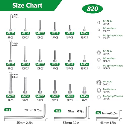 820Pcs Screw Assortment Kit, M2-M4 Stainless Steel Hex Socket Cap Bolts - size: SS M2 M3 M4 820pcs 3