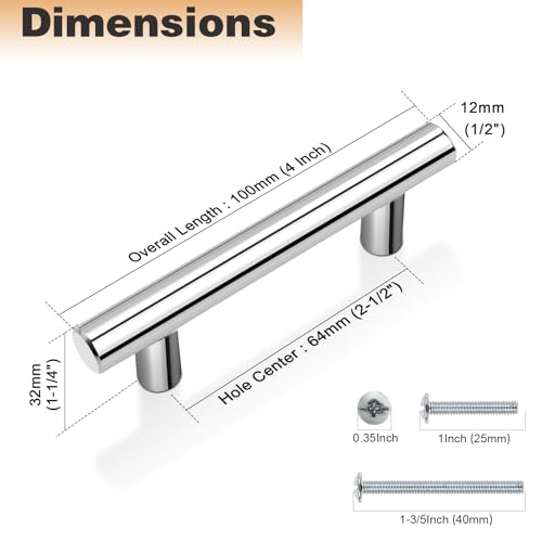 Probrico 5Pack | 2-1/2" Hole Centers Kitchen Cabinet Pulls Polished Chrome, Modern Euro Round T Bar Stainless Steel Cabinet Pulls, Chrome Handles for Cabinet and Drawers 4" Length - color: Polished Chrome, size: hole center 2-1/2"