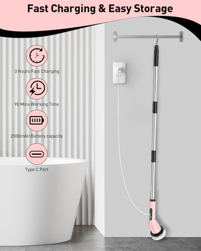 Electric Spin Scrubber for Bathroom, Shower Scrubber with Long Handle - color: Pink, size: 8 Brush Heads