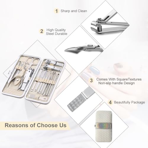 Yougai Nail Clippers set for Men and Womens Gift Manicure Set 18 Pieces Stainless Steel Manicure Kit,Nail Care Tools with Luxurious Travel Case - color: Beige