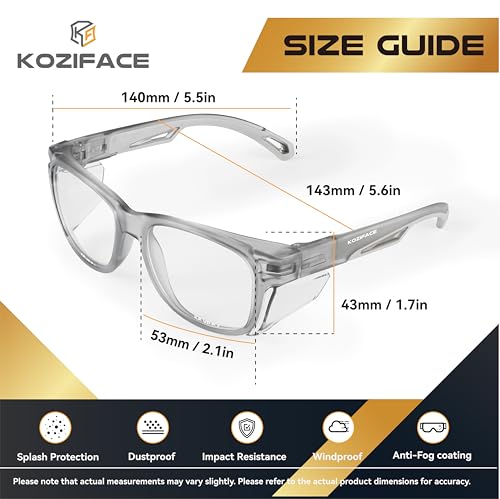 KOZIFACE E52 Anti-Fog Safety Glasses, ANSI Z87.1 Eye Protection with Side Shields, Clear Lens, Lightweight for Work, Lab DIY - color: Grey