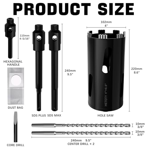 Diamond Core Drill Bit 4"(102mm) with Pilot Bit & Adapters (SDS Plus & Hex) – Upgraded Welded Segments, 8.6" Depth – for Concrete, Solid Brick, Hollow Brick, Masonry & More - size: (4"/102mm)