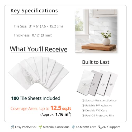 StyloVue 100 Pieces Peel and Stick Backsplash for Kitchen, 3" x 6" PVC Subway Tile, 2026 Upgraded Sparkle White Marble, Stick on Wall Tile for Kitchen, Bathroom, Fireplace, RV - color: Sparkle White Marble