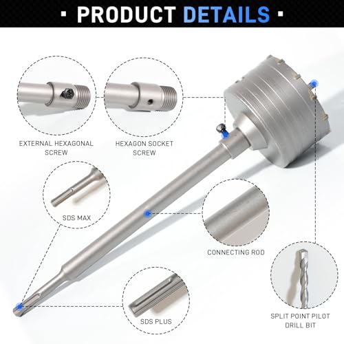 ATOLS 34PCS Concrete Hole Saw Kit, Masonry Concrete Drill Bit Set, Chisel Set with SDS Plus & Max Shanks Wall Hole Saw Drill Bit for Brick Stone Cement Wall, Kit Size 30 40 50 65 80 100 110MM