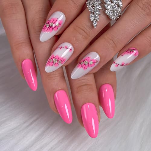 CurvLife Long Almond Floral Press On Nails, Petal Muse Hot Pink, Soft Gel - color: Petal Muse