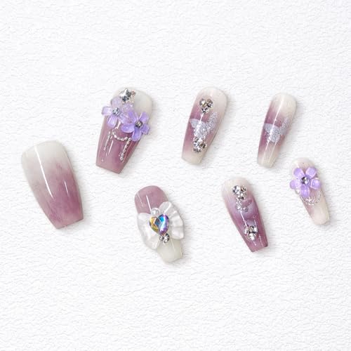 3D Purple Press on Nails Almond - Medium French Tip Fake Nails with Embossed Flower&Butterfly Bead Designs, Glossy Finish Reusable False Nails for Women Manicure(3D Embossed design 24） - color: 3D Embossed design 24