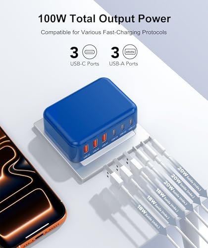 USB C Wall Charger, 100W 6 Port USB C Charging Station Hub Cube Wall Outlet - color: Dark Blue