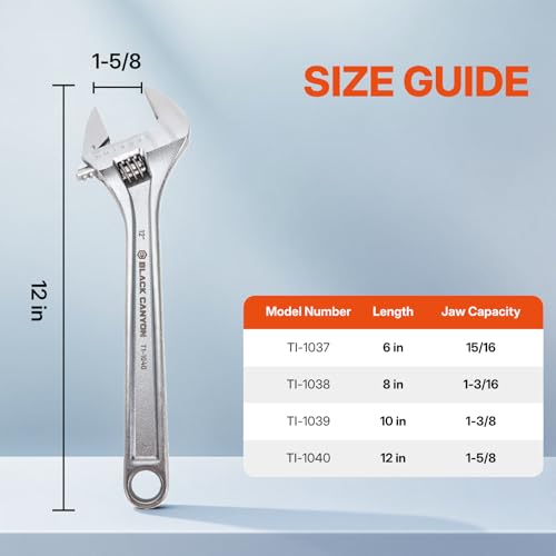 BLACK CANYON Adjustable Wrench 12 Inch, Wide Jaw Spanner with Imperial and Metric, Premium Chrome Forged Steel for Automotive Plumbing, Household Repairs and DIY - size: 12 in
