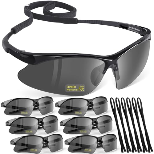 OXG 6 Pack Anti-Fog Safety Glasses, ANSI Z87+ Impact & Scratch Resistant Protective Eyewear for Work, Lab, Construction - color: Grey With Straps