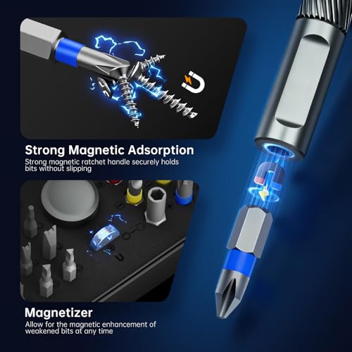 FIDECO 74 in 1 Magnetic Ratchet Screwdriver Set for Father's Day, Multi Bit DIY T Handle Screwdriver Set with Storage Case for Computer, Cellphone, Watch, Eyeglass, Bicycle, Furniture
