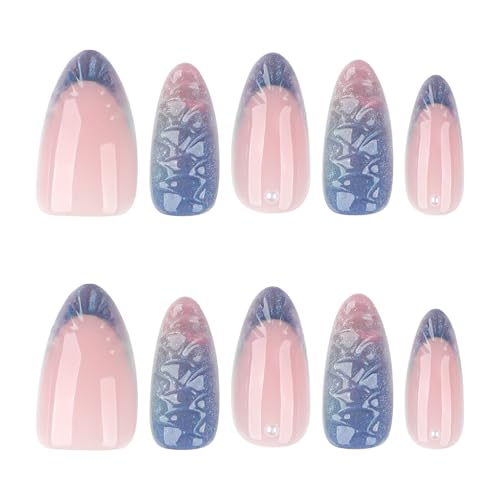 Almond Press On Nails Medium, 24PCS Iridescent 3D Mermaid Scale Acrylic Fake Nails, Gradient Pink Purple Stick On Nails for Women, Reusable Glossy False Nails for Party, Wedding - color: 31-Pine cone gradient
