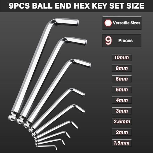 HAUTMEC Metric Allen Wrenches Sets with Ball End, 9PCS L Shape Hex Key Set, CR-V Steel Allen Key Set, 1.5-10mm, Industrial Grade, Strength Helping, HT0223-SS - style: 9PCS(Metric Ball Keys)