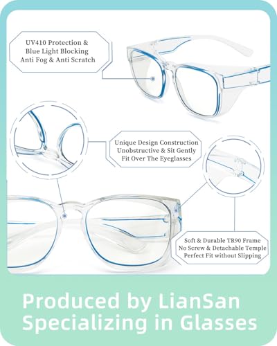 LianSan Safety Glasses Over Eyeglasses for Women - Anti-Fog Goggles Fit Over Eyewear for ANSI Z87.1 Certified - color: Shinny Blue/Clear