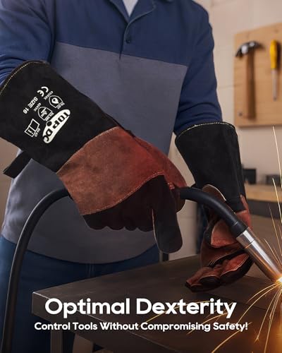 TOPDC Welding Gloves 16Inch 1000℉ Heat Resistant Leather for MIG Stick, M - color: 16 Inch Black-brown (Medium)