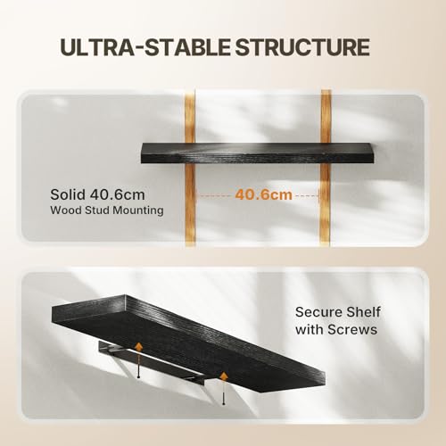 Amada 24 Inch Floating Shelves with Invisible Brackets, Set of 2, Black | Wall Shelves with Hidden Bracket, Solid MDF Wood, 22 lbs Max Load per Shelf, Easy to Assemble, Multi-Wall Compatible - color: Black, size: 24 inches
