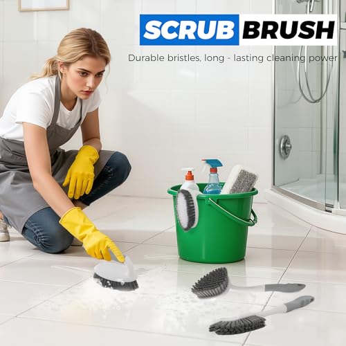 3 Pack Heavy Duty Scrub Brush Set for Household Use, Long Scrub Brush, Handheld Scrub Brush, and Crevice Brush with a Scraper Head for Cleaning Bathroom, Tile, Grout, Tub, Floor, Sink