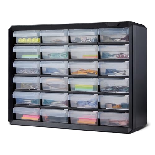 Amazon Basics 24-Drawer Plastic Storage Organizer with Dividers for Office/Craft/Tools, Wall Mountable, Sturdy, 6.3 x 21.3 x 15.8 inch, Black