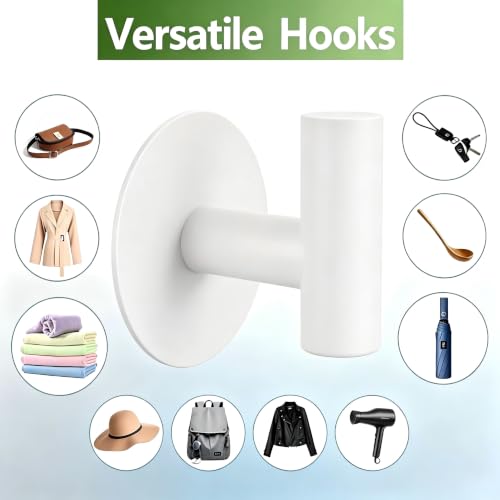 Heavy Duty White Towel Hooks, Stainless Steel Adhesive Coat Hooks for Bags, Towels, Robes, Hats, Aprons – No Drill Bathroom, Kitchen, Hotel Wall Hooks (2 Pack) - color: White, size: Adhesive "T" Shape- 2 Pack