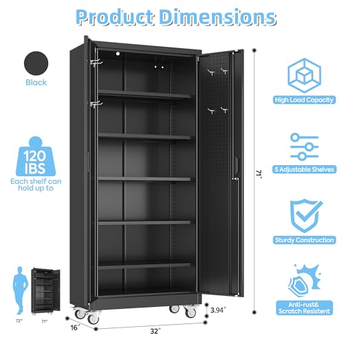 Aobabo Metal Garage Storage Cabinet with Wheels and Pegboard, Black - color: Black, size: 16"D x 32"W x 71"H-0 Drawers