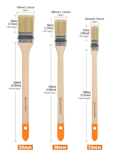 ROLLINGDOG 25mm, 38mm, 50mm Radiator Paint Brush Set -3PC Long Handle Paint Brushes, Bent Ferrule Brushes for Radiator, Piep, Ceiling and High Walls (Pack of 2) - size: 25mm, 38mm, 50mm (Pack of 2)