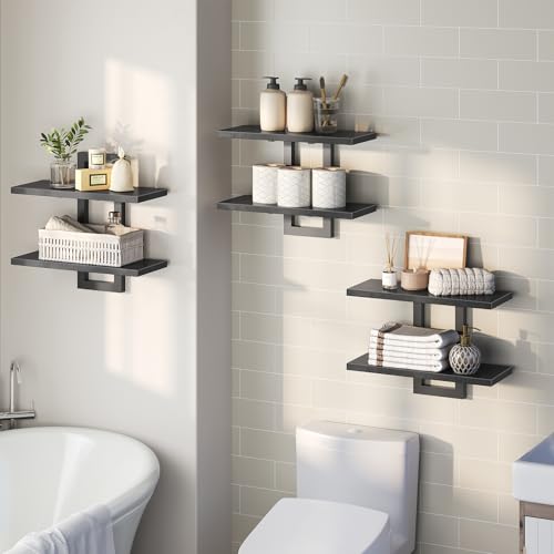 HOOBRO Floating Shelves, 15 Inch Wall Shelf Set of 3, Wall Mounted Storage Shelves 2-Tier, Hanging Bathroom Shelves, for Living Room, Bedroom, Bathroom, Kitchen, Black BK32BJP301 - color: Black