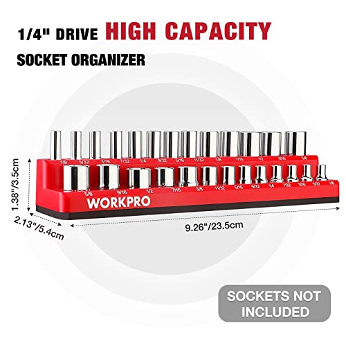 WORKPRO 1/4-inch Magnetic Socket Organizer Set, 2-Piece SAE & Metric Socket Holders, Holds 52 Standard and Deep Sockets for Tool Box, Tool Carts (Sockets Not Included) - size: 1/4" SAE&Metric