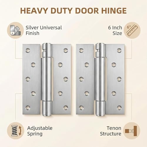 6 Inch Self Closing Door Hinges, Heavy-Duty Adjustable Spring Hinges 304 Stainless Steel, 2-Pack Silver for Residential & Commercial Doors, Outdoor Gates and Marine Use