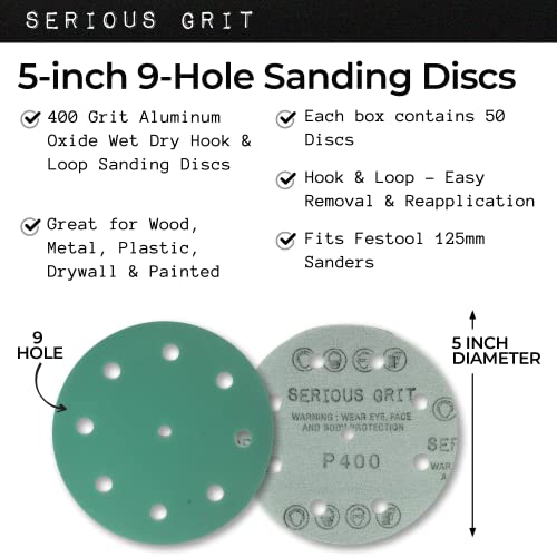 Serious Grit - 5-Inch 9-Hole P400 Grit Sanding Discs - 50 Pack Box - size: 400 Grit