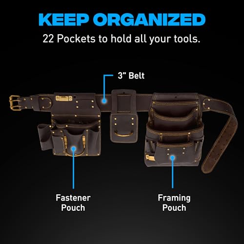 Ox Pro Drywall Tool Belt - 22-Pocket Leather Tool Belt Pouches - Made of Oil-Tanned Leather with Double-Stitching and Steel Rivets - OX-P263804 - color: Drywall Belt, size: Large