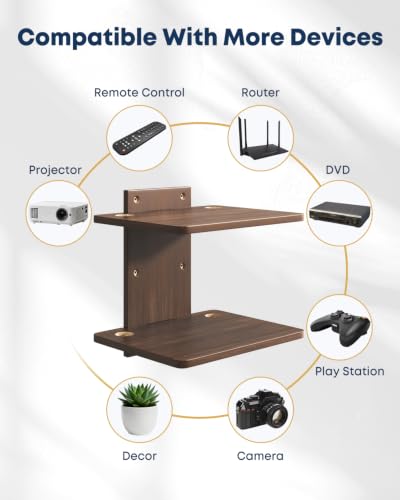 Floating TV Projector Shelf Wall Mount - 2 Tier Wooden Shelf, Walnut Brown - size: 2-Tier Shelf