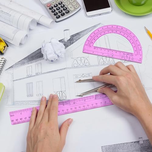 Zonon 2 Pcs 12 Inch Clear Ruler and 6 Inch Plastic Protractor Set, Pink - color: Pink